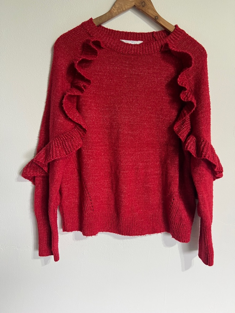 Time and Tru Red Ruffle Crew Neck Sweater